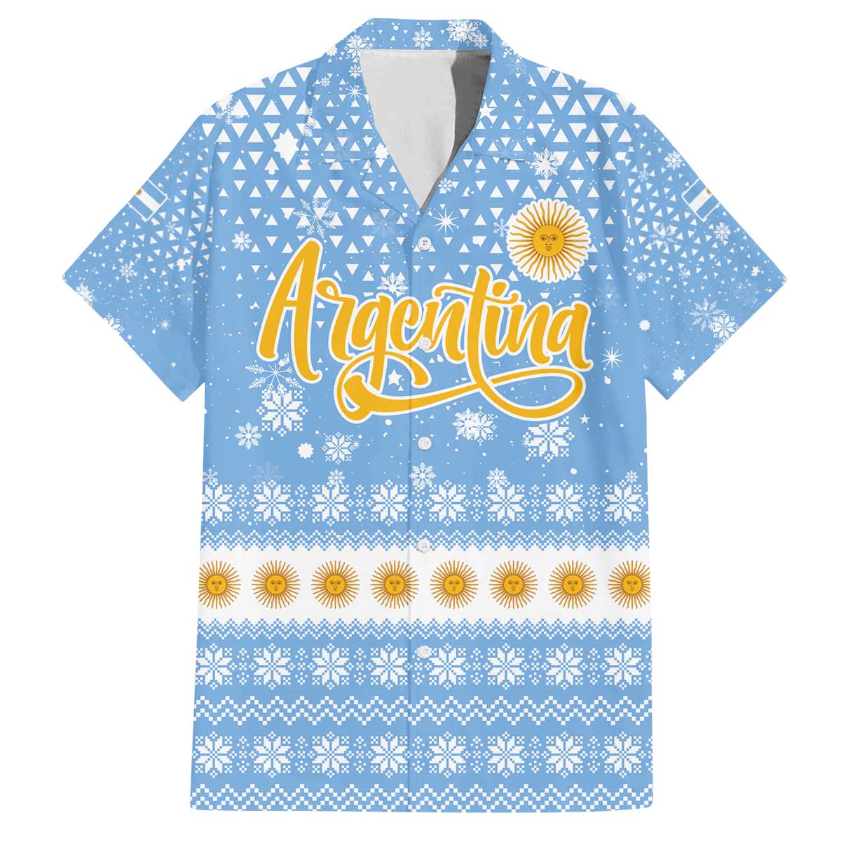 Argentina Christmas Family Matching Off The Shoulder Long Sleeve Dress and Hawaiian Shirt with Blue-White Snowflake Pattern, Sun Emblem, and Gaucho Santa Riding Horse Motif - Wonder Print Shop