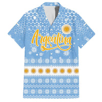Argentina Christmas Family Matching Off The Shoulder Long Sleeve Dress and Hawaiian Shirt with Blue-White Snowflake Pattern, Sun Emblem, and Gaucho Santa Riding Horse Motif - Wonder Print Shop