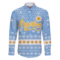 Argentina Christmas Family Matching Off The Shoulder Long Sleeve Dress and Hawaiian Shirt with Blue-White Snowflake Pattern, Sun Emblem, and Gaucho Santa Riding Horse Motif - Wonder Print Shop