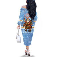 Argentina Christmas Family Matching Off The Shoulder Long Sleeve Dress and Hawaiian Shirt with Blue-White Snowflake Pattern, Sun Emblem, and Gaucho Santa Riding Horse Motif - Wonder Print Shop