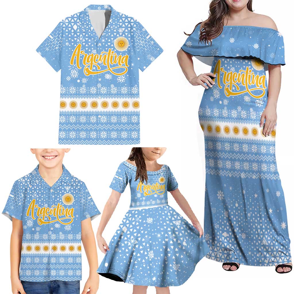 Argentina Christmas Family Matching Off Shoulder Maxi Dress and Hawaiian Shirt with Blue-White Snowflake Pattern, Sun Emblem, and Gaucho Santa Riding Horse Motif - Wonder Print Shop