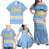 Argentina Christmas Family Matching Off Shoulder Maxi Dress and Hawaiian Shirt with Blue-White Snowflake Pattern, Sun Emblem, and Gaucho Santa Riding Horse Motif - Wonder Print Shop
