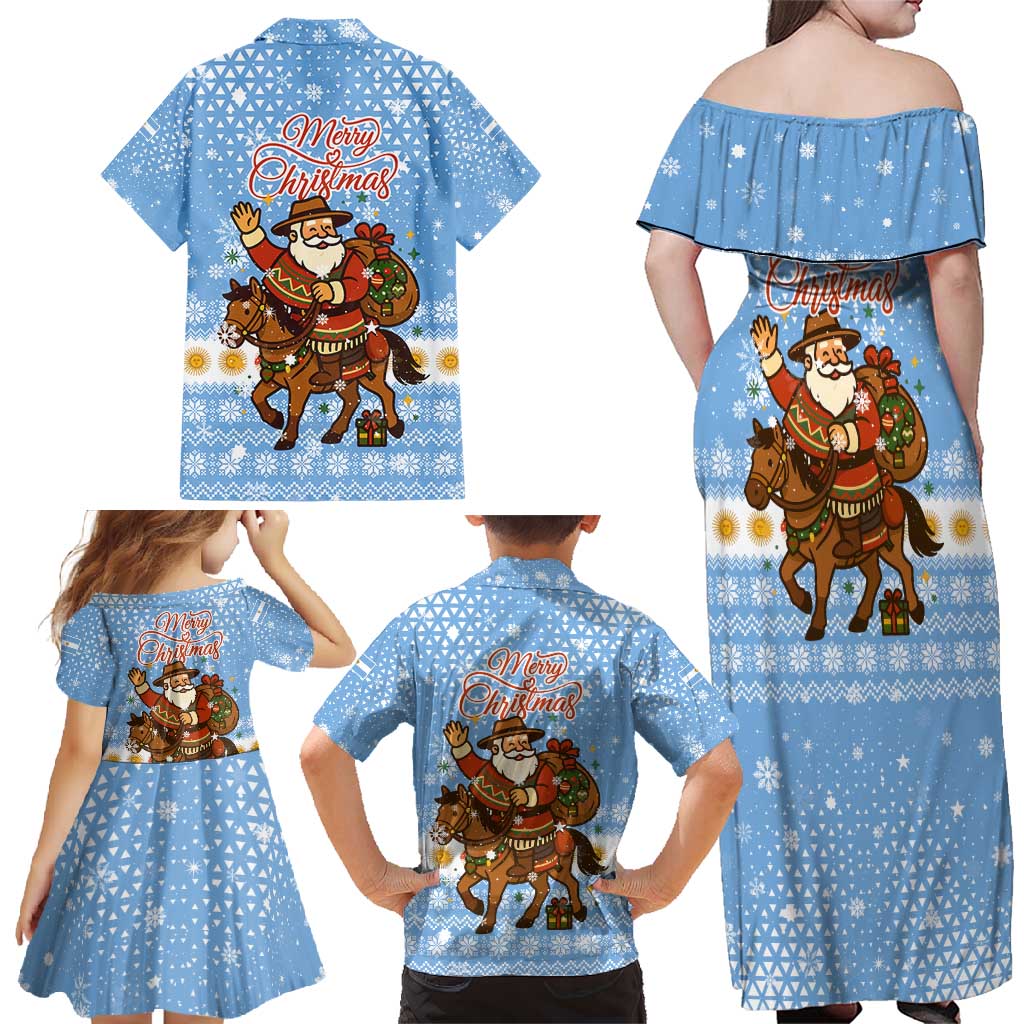 Argentina Christmas Family Matching Off Shoulder Maxi Dress and Hawaiian Shirt with Blue-White Snowflake Pattern, Sun Emblem, and Gaucho Santa Riding Horse Motif - Wonder Print Shop