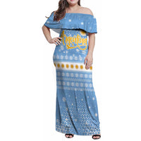Argentina Christmas Family Matching Off Shoulder Maxi Dress and Hawaiian Shirt with Blue-White Snowflake Pattern, Sun Emblem, and Gaucho Santa Riding Horse Motif - Wonder Print Shop