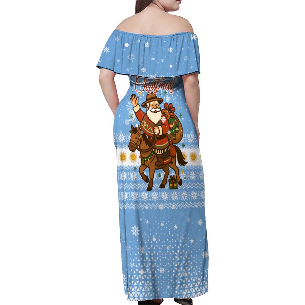 Argentina Christmas Family Matching Off Shoulder Maxi Dress and Hawaiian Shirt with Blue-White Snowflake Pattern, Sun Emblem, and Gaucho Santa Riding Horse Motif - Wonder Print Shop