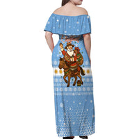 Argentina Christmas Family Matching Off Shoulder Maxi Dress and Hawaiian Shirt with Blue-White Snowflake Pattern, Sun Emblem, and Gaucho Santa Riding Horse Motif - Wonder Print Shop