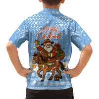 Argentina Christmas Family Matching Off Shoulder Short Dress and Hawaiian Shirt with Blue-White Snowflake Pattern, Sun Emblem, and Gaucho Santa Riding Horse Motif - Wonder Print Shop