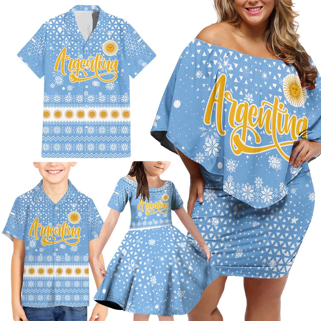 Argentina Christmas Family Matching Off Shoulder Short Dress and Hawaiian Shirt with Blue-White Snowflake Pattern, Sun Emblem, and Gaucho Santa Riding Horse Motif - Wonder Print Shop