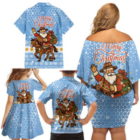 Argentina Christmas Family Matching Off Shoulder Short Dress and Hawaiian Shirt with Blue-White Snowflake Pattern, Sun Emblem, and Gaucho Santa Riding Horse Motif - Wonder Print Shop