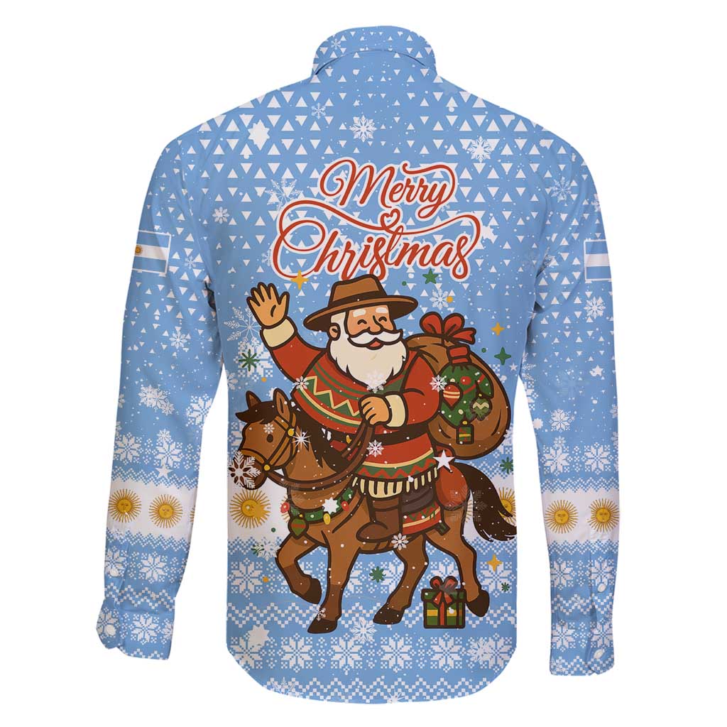Argentina Christmas Family Matching Off Shoulder Short Dress and Hawaiian Shirt with Blue-White Snowflake Pattern, Sun Emblem, and Gaucho Santa Riding Horse Motif - Wonder Print Shop