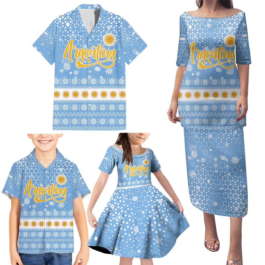 Argentina Christmas Family Matching Puletasi and Hawaiian Shirt with Blue-White Snowflake Pattern, Sun Emblem, and Gaucho Santa Riding Horse Motif - Wonder Print Shop
