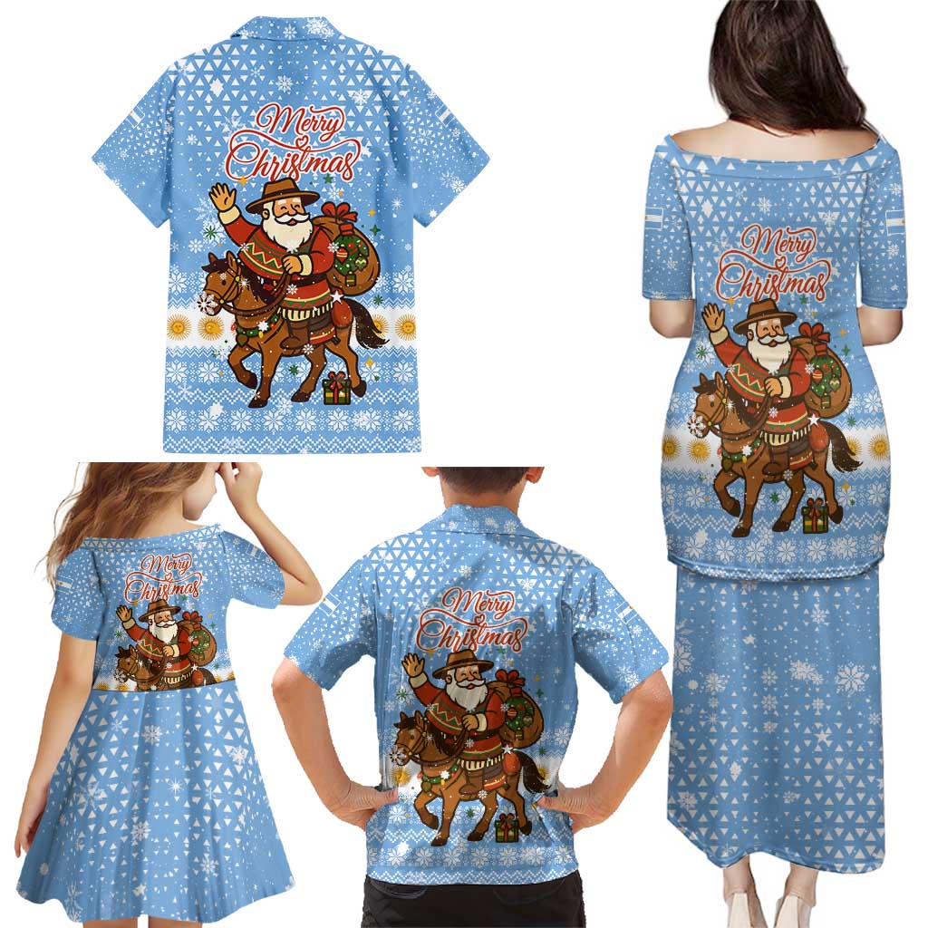 Argentina Christmas Family Matching Puletasi and Hawaiian Shirt with Blue-White Snowflake Pattern, Sun Emblem, and Gaucho Santa Riding Horse Motif - Wonder Print Shop