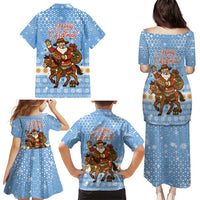 Argentina Christmas Family Matching Puletasi and Hawaiian Shirt with Blue-White Snowflake Pattern, Sun Emblem, and Gaucho Santa Riding Horse Motif - Wonder Print Shop