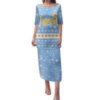 Argentina Christmas Family Matching Puletasi and Hawaiian Shirt with Blue-White Snowflake Pattern, Sun Emblem, and Gaucho Santa Riding Horse Motif - Wonder Print Shop