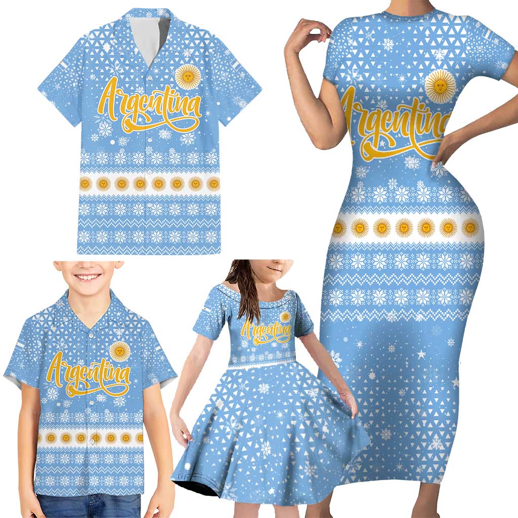 Argentina Christmas Family Matching Short Sleeve Bodycon Dress and Hawaiian Shirt with Blue-White Snowflake Pattern, Sun Emblem, and Gaucho Santa Riding Horse Motif - Wonder Print Shop
