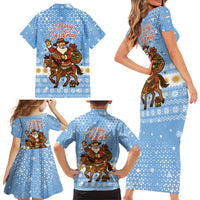 Argentina Christmas Family Matching Short Sleeve Bodycon Dress and Hawaiian Shirt with Blue-White Snowflake Pattern, Sun Emblem, and Gaucho Santa Riding Horse Motif - Wonder Print Shop