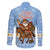 Argentina Christmas Family Matching Short Sleeve Bodycon Dress and Hawaiian Shirt with Blue-White Snowflake Pattern, Sun Emblem, and Gaucho Santa Riding Horse Motif - Wonder Print Shop