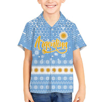 Argentina Christmas Family Matching Short Sleeve Bodycon Dress and Hawaiian Shirt with Blue-White Snowflake Pattern, Sun Emblem, and Gaucho Santa Riding Horse Motif - Wonder Print Shop