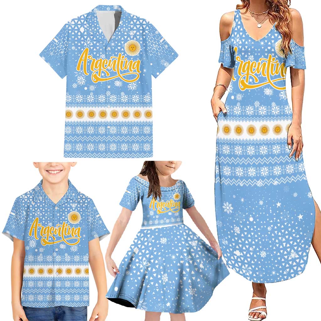Argentina Christmas Family Matching Summer Maxi Dress and Hawaiian Shirt with Blue-White Snowflake Pattern, Sun Emblem, and Gaucho Santa Riding Horse Motif - Wonder Print Shop