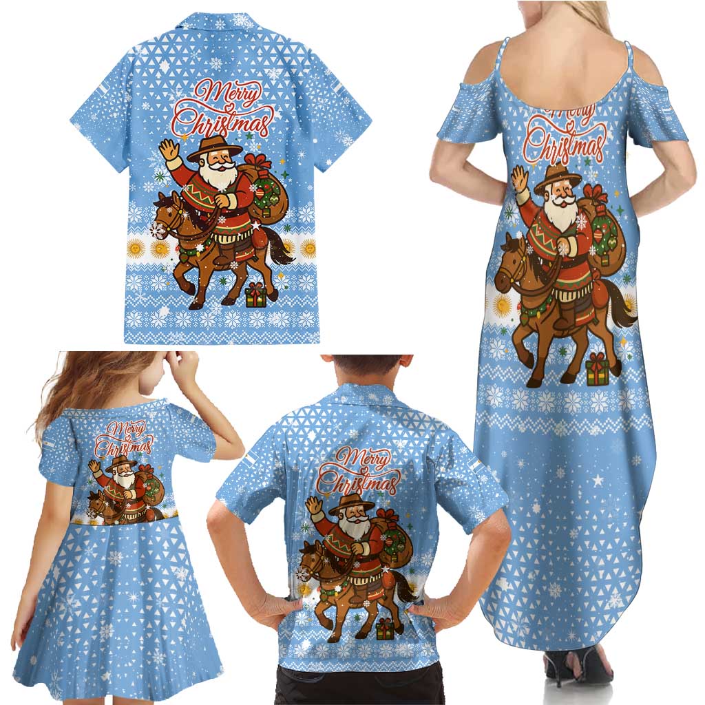 Argentina Christmas Family Matching Summer Maxi Dress and Hawaiian Shirt with Blue-White Snowflake Pattern, Sun Emblem, and Gaucho Santa Riding Horse Motif - Wonder Print Shop