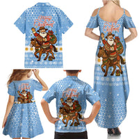 Argentina Christmas Family Matching Summer Maxi Dress and Hawaiian Shirt with Blue-White Snowflake Pattern, Sun Emblem, and Gaucho Santa Riding Horse Motif - Wonder Print Shop