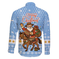 Argentina Christmas Family Matching Summer Maxi Dress and Hawaiian Shirt with Blue-White Snowflake Pattern, Sun Emblem, and Gaucho Santa Riding Horse Motif - Wonder Print Shop
