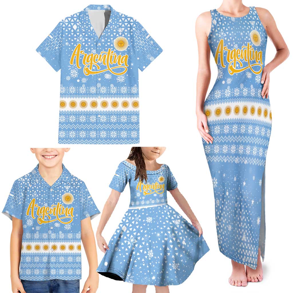 Argentina Christmas Family Matching Tank Maxi Dress and Hawaiian Shirt with Blue-White Snowflake Pattern, Sun Emblem, and Gaucho Santa Riding Horse Motif - Wonder Print Shop