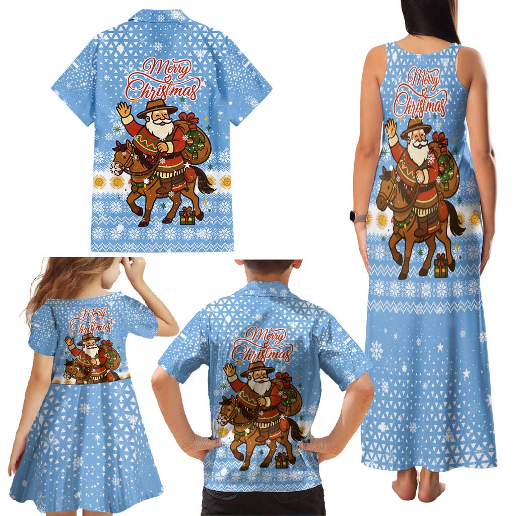 Argentina Christmas Family Matching Tank Maxi Dress and Hawaiian Shirt with Blue-White Snowflake Pattern, Sun Emblem, and Gaucho Santa Riding Horse Motif - Wonder Print Shop