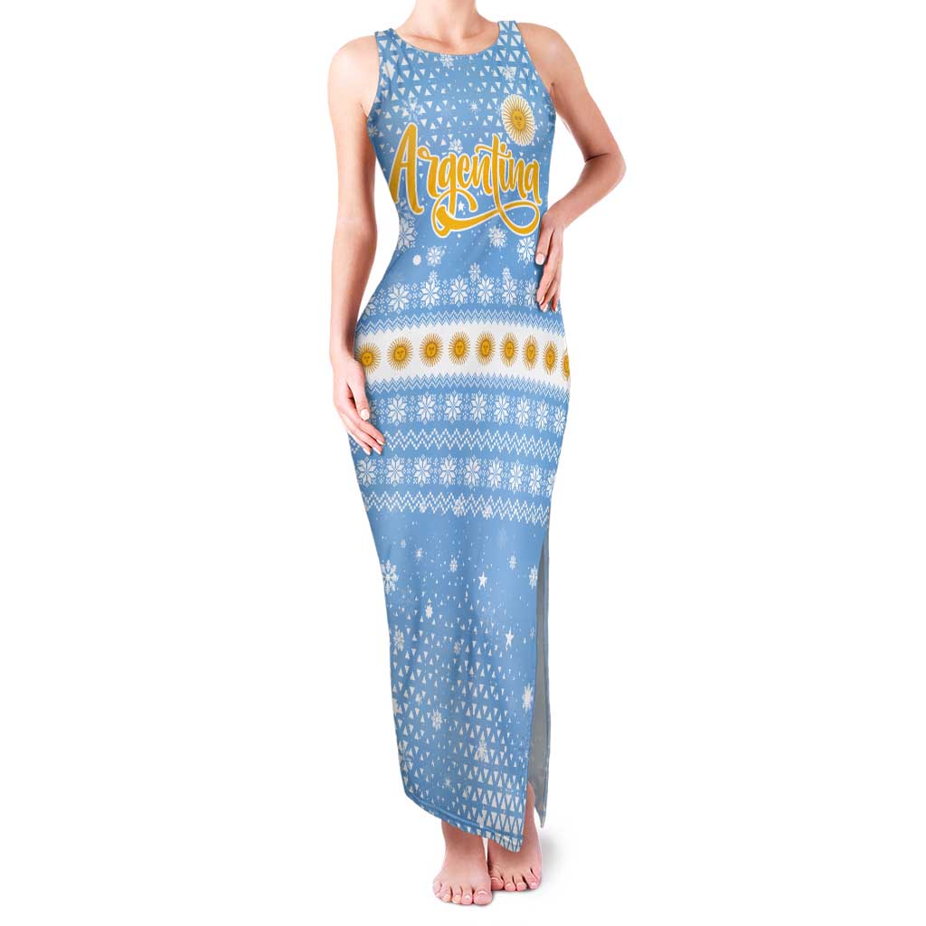 Argentina Christmas Family Matching Tank Maxi Dress and Hawaiian Shirt with Blue-White Snowflake Pattern, Sun Emblem, and Gaucho Santa Riding Horse Motif - Wonder Print Shop