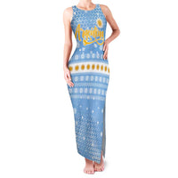 Argentina Christmas Family Matching Tank Maxi Dress and Hawaiian Shirt with Blue-White Snowflake Pattern, Sun Emblem, and Gaucho Santa Riding Horse Motif - Wonder Print Shop