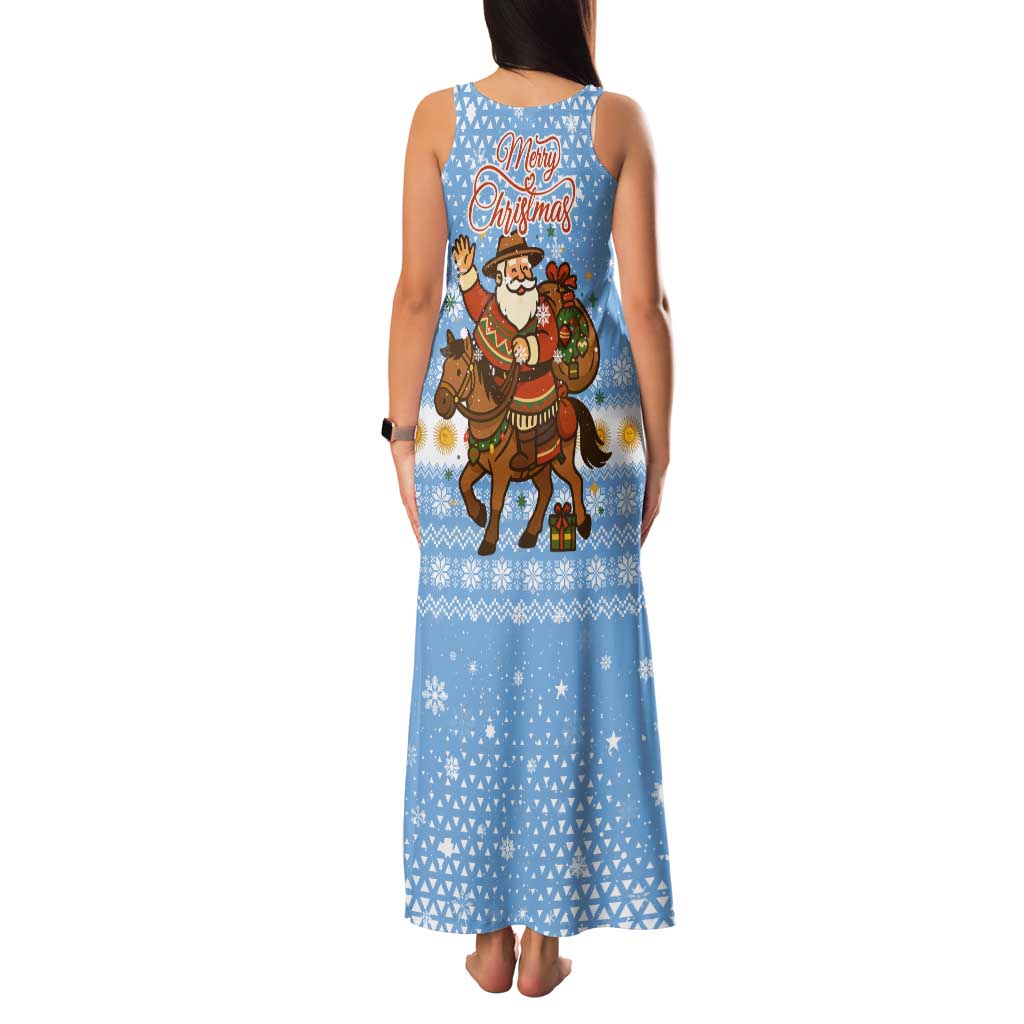 Argentina Christmas Family Matching Tank Maxi Dress and Hawaiian Shirt with Blue-White Snowflake Pattern, Sun Emblem, and Gaucho Santa Riding Horse Motif - Wonder Print Shop