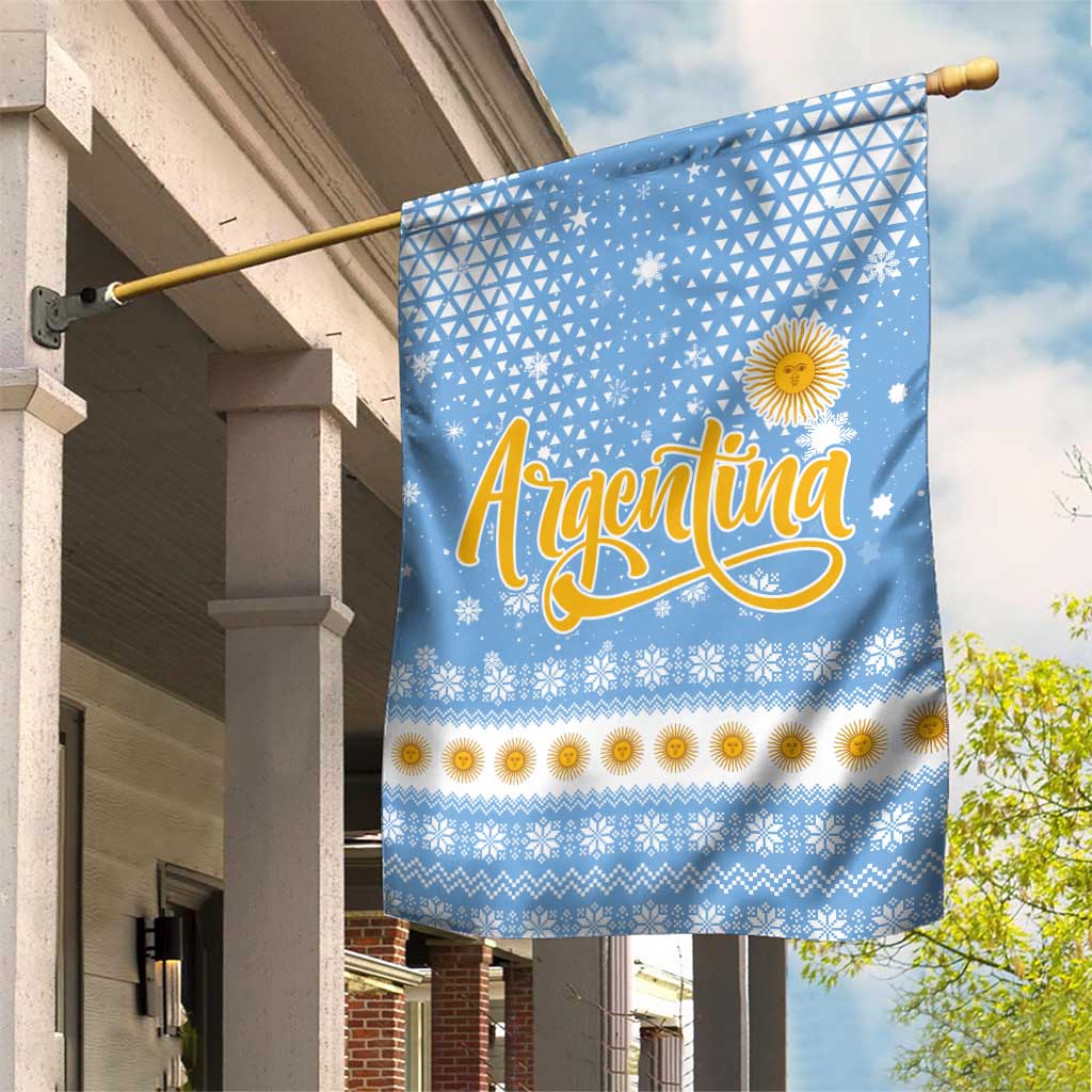 Argentina Christmas Garden Flag with Blue-White Snowflake Pattern, Sun Emblem, and Gaucho Santa Riding Horse Motif - Wonder Print Shop