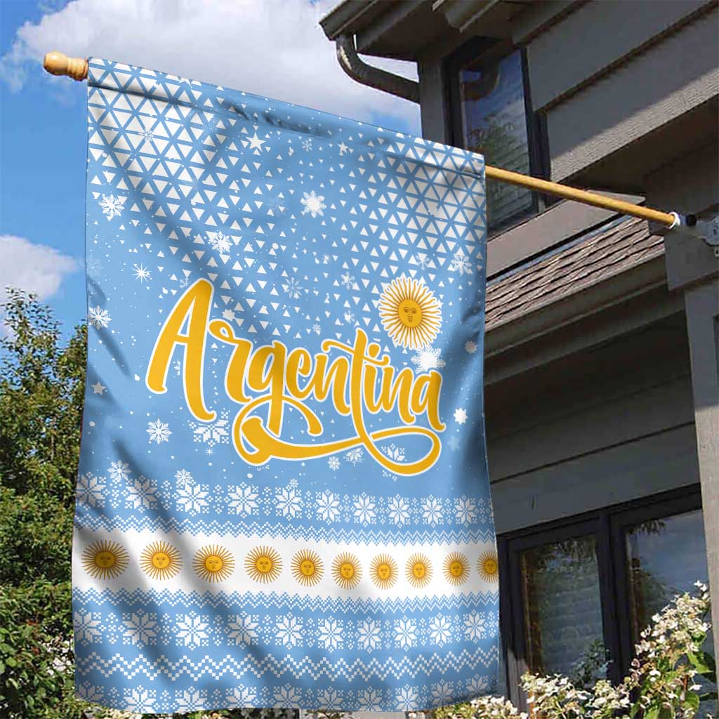 Argentina Christmas Garden Flag with Blue-White Snowflake Pattern, Sun Emblem, and Gaucho Santa Riding Horse Motif - Wonder Print Shop