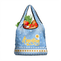 Argentina Christmas Grocery Bag with Blue-White Snowflake Pattern, Sun Emblem, and Gaucho Santa Riding Horse Motif - Wonder Print Shop
