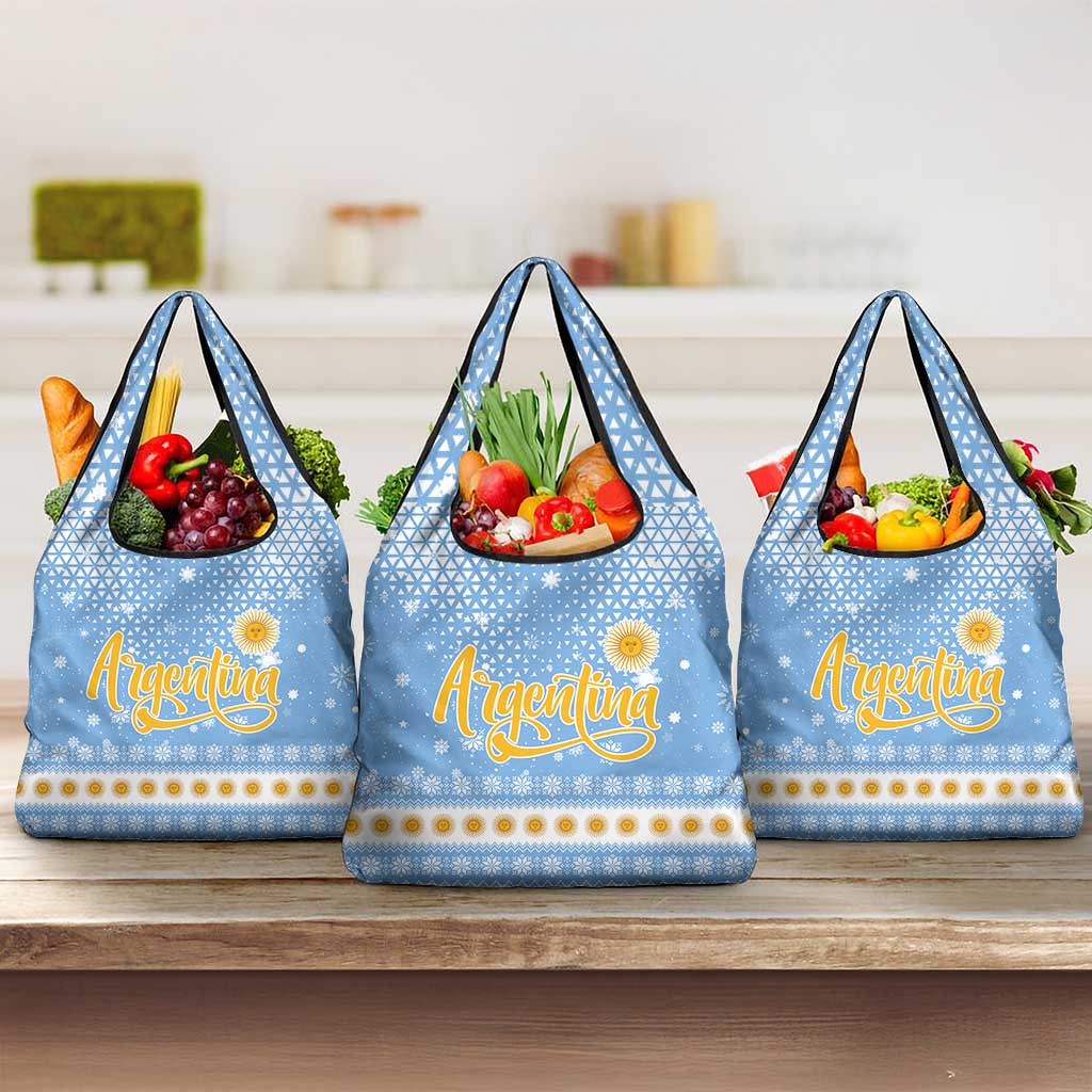 Argentina Christmas Grocery Bag with Blue-White Snowflake Pattern, Sun Emblem, and Gaucho Santa Riding Horse Motif - Wonder Print Shop