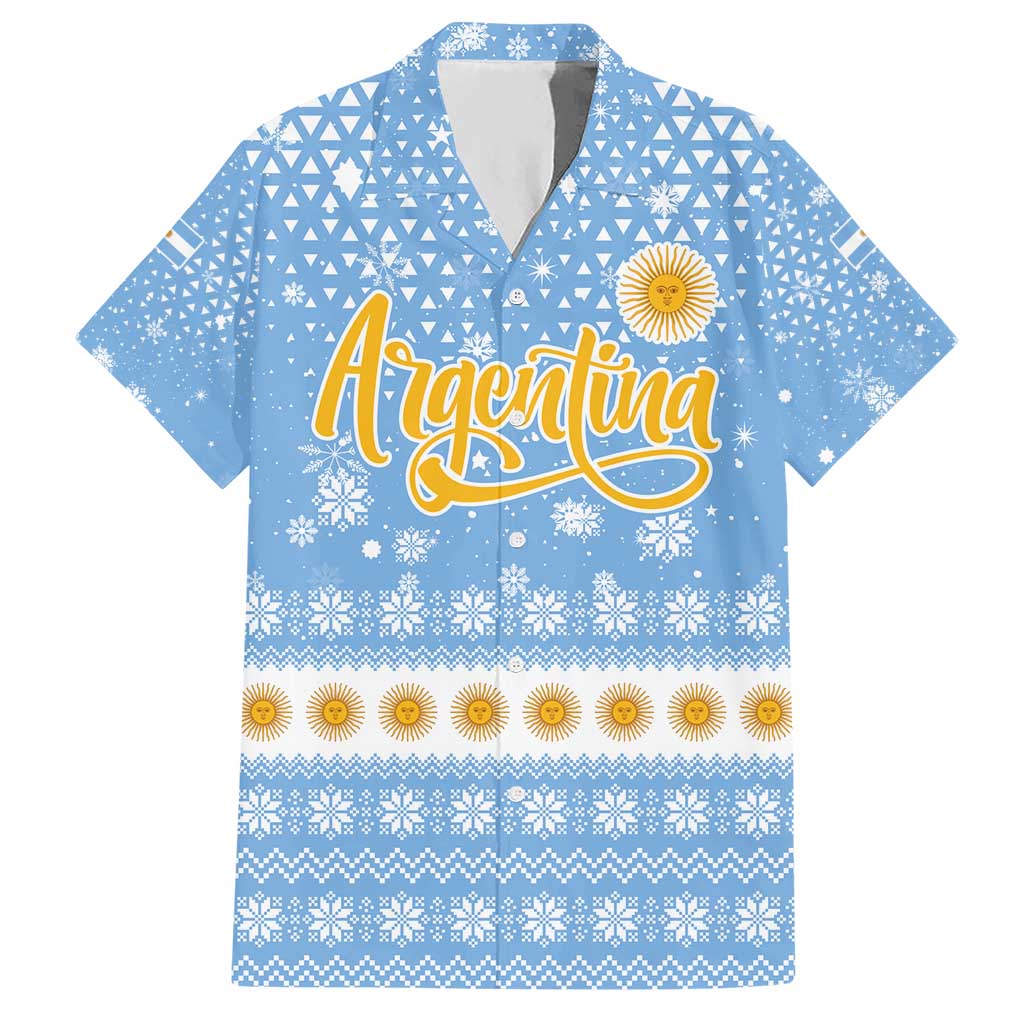Argentina Christmas Hawaiian Shirt with Blue-White Snowflake Pattern, Sun Emblem, and Gaucho Santa Riding Horse Motif - Wonder Print Shop