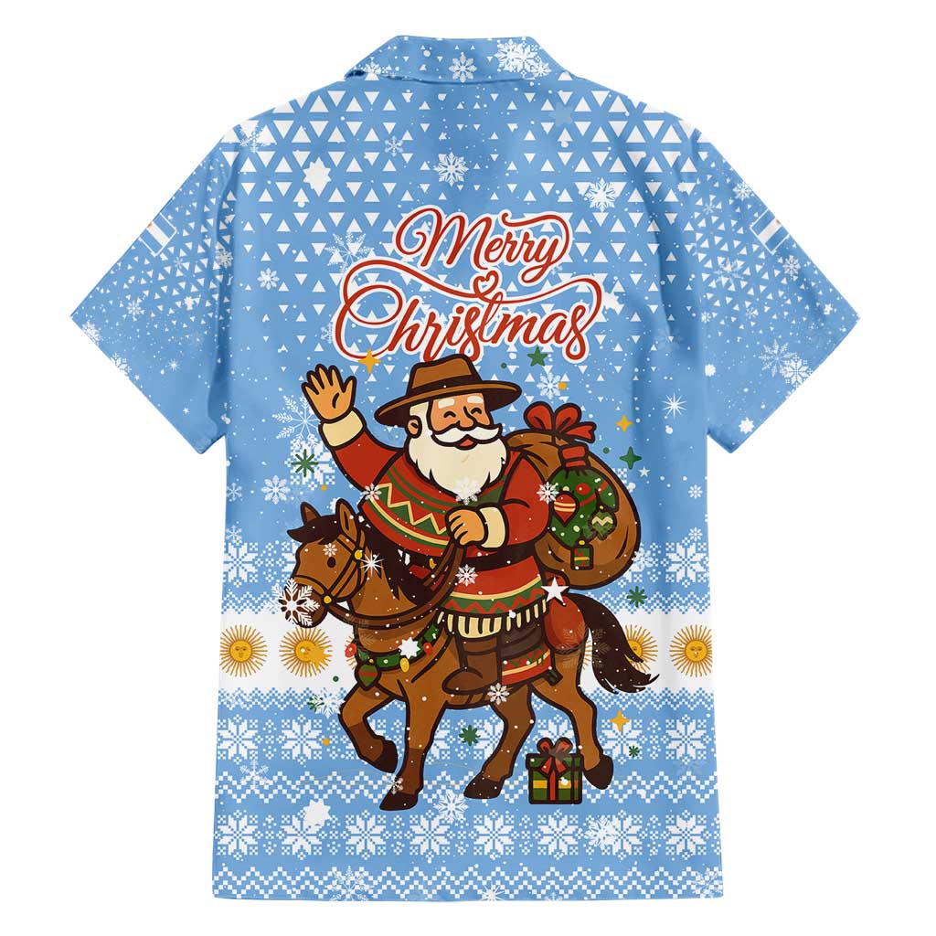 Argentina Christmas Hawaiian Shirt with Blue-White Snowflake Pattern, Sun Emblem, and Gaucho Santa Riding Horse Motif - Wonder Print Shop