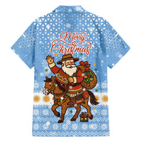 Argentina Christmas Hawaiian Shirt with Blue-White Snowflake Pattern, Sun Emblem, and Gaucho Santa Riding Horse Motif - Wonder Print Shop