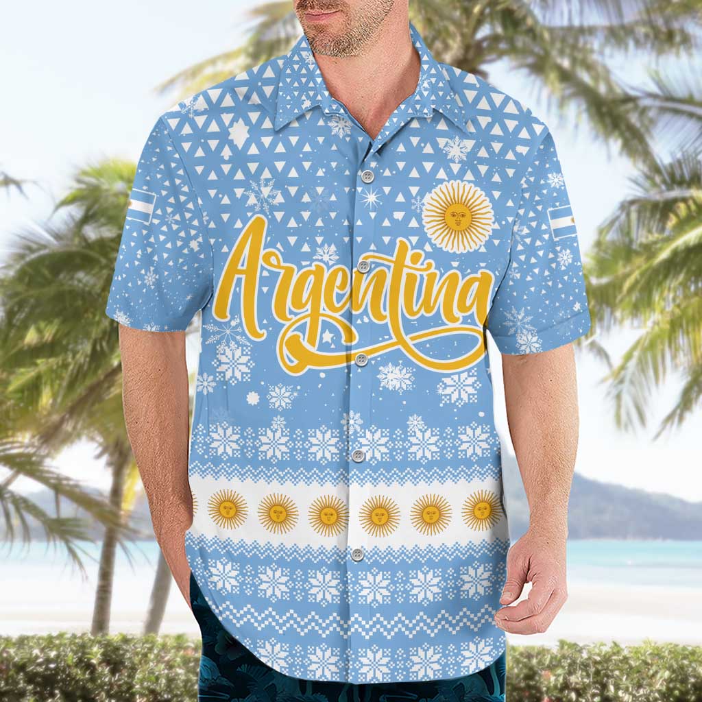Argentina Christmas Hawaiian Shirt with Blue-White Snowflake Pattern, Sun Emblem, and Gaucho Santa Riding Horse Motif - Wonder Print Shop