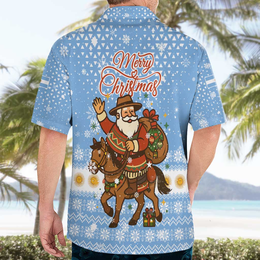 Argentina Christmas Hawaiian Shirt with Blue-White Snowflake Pattern, Sun Emblem, and Gaucho Santa Riding Horse Motif - Wonder Print Shop