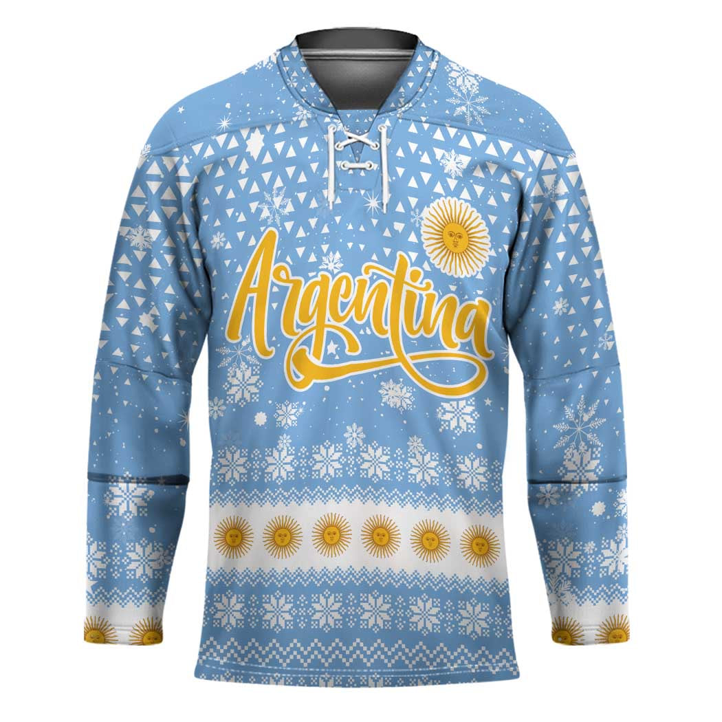 Argentina Christmas Hockey Jersey with Blue-White Snowflake Pattern, Sun Emblem, and Gaucho Santa Riding Horse Motif - Wonder Print Shop