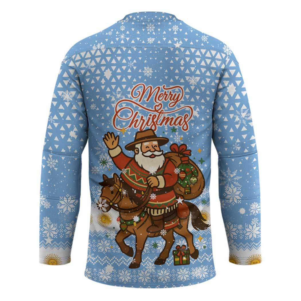 Argentina Christmas Hockey Jersey with Blue-White Snowflake Pattern, Sun Emblem, and Gaucho Santa Riding Horse Motif - Wonder Print Shop