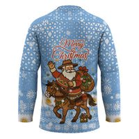 Argentina Christmas Hockey Jersey with Blue-White Snowflake Pattern, Sun Emblem, and Gaucho Santa Riding Horse Motif - Wonder Print Shop