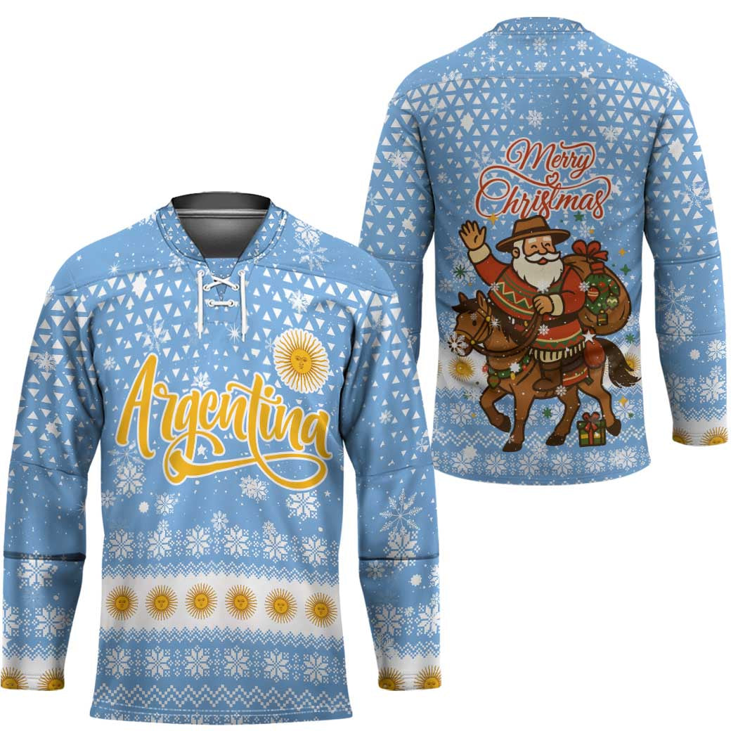 Argentina Christmas Hockey Jersey with Blue-White Snowflake Pattern, Sun Emblem, and Gaucho Santa Riding Horse Motif - Wonder Print Shop