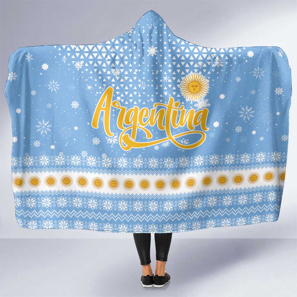 Argentina Christmas Hooded Blanket with Blue-White Snowflake Pattern, Sun Emblem, and Gaucho Santa Riding Horse Motif - Wonder Print Shop
