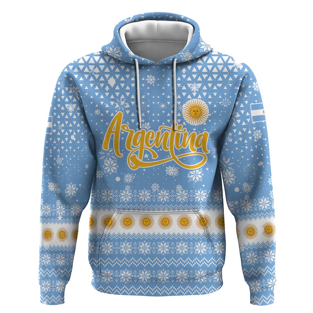 Argentina Christmas Hoodie with Blue-White Snowflake Pattern, Sun Emblem, and Gaucho Santa Riding Horse Motif - Wonder Print Shop