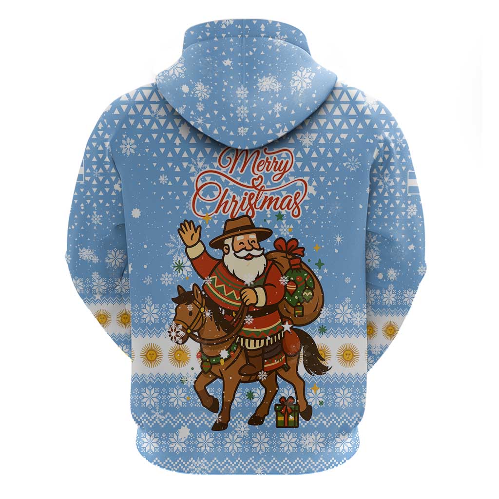 Argentina Christmas Hoodie with Blue-White Snowflake Pattern, Sun Emblem, and Gaucho Santa Riding Horse Motif - Wonder Print Shop