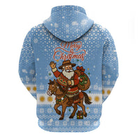 Argentina Christmas Hoodie with Blue-White Snowflake Pattern, Sun Emblem, and Gaucho Santa Riding Horse Motif - Wonder Print Shop