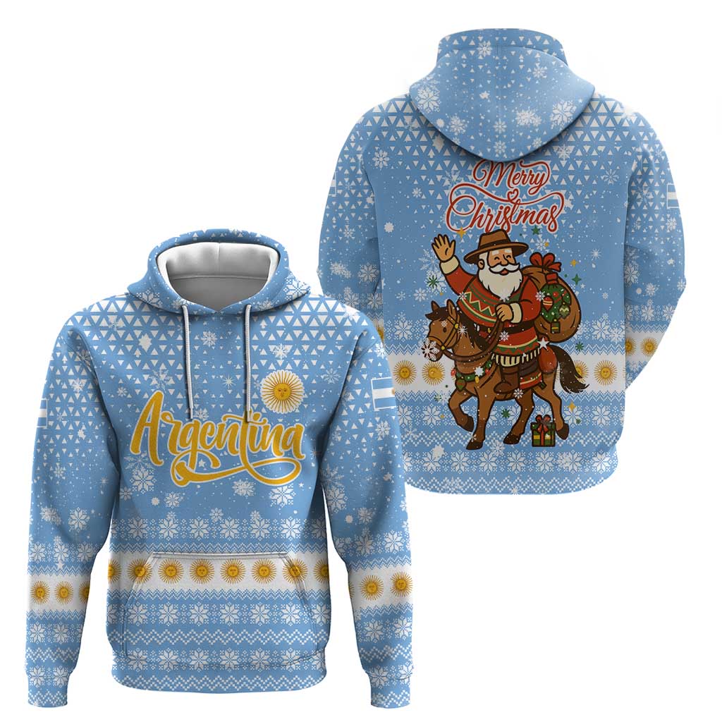 Argentina Christmas Hoodie with Blue-White Snowflake Pattern, Sun Emblem, and Gaucho Santa Riding Horse Motif - Wonder Print Shop