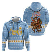 Argentina Christmas Hoodie with Blue-White Snowflake Pattern, Sun Emblem, and Gaucho Santa Riding Horse Motif - Wonder Print Shop
